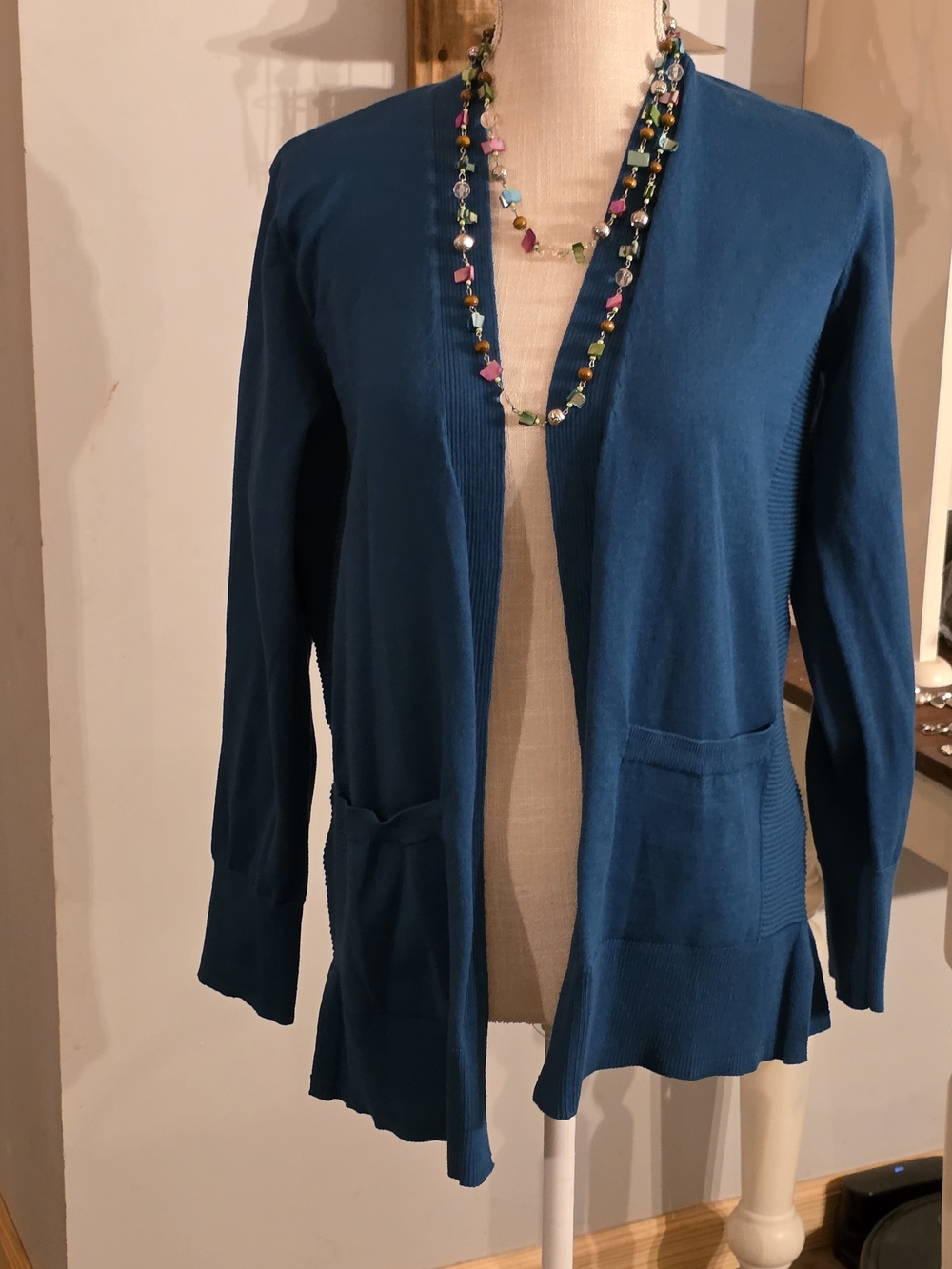 Time and Tru Teal Open-Front Cardigan with Pockets